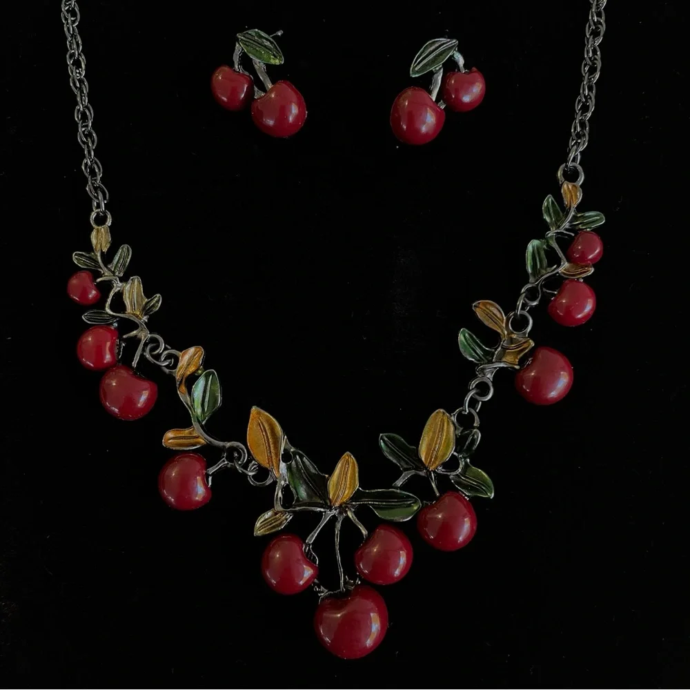 Vintage Style Rockabilly Pinup Cherry Necklace & Earrings Set 🍒 - Picture 1 of 1